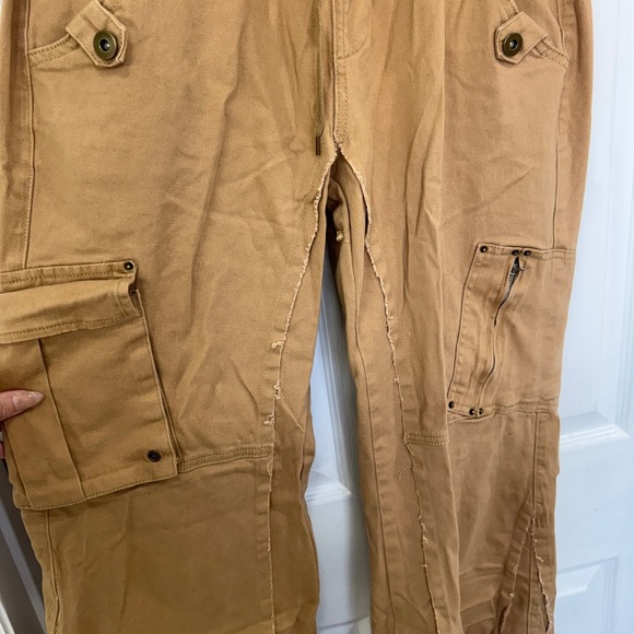 Flamingo Tan Cargo Wide Leg Pant Elastic Waistband Drawstring Women's Size Large - Picture 2 of 7
